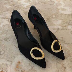 Hogl Suede Leather Kitten Heels Gold Tone Buckle 6-6.5